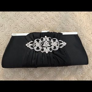 Black Satin Evening Bag with Diamond Broach